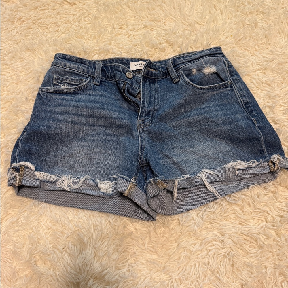 Flying Monkey Rolled Hem Distressed Denim Shorts - Dark Blue